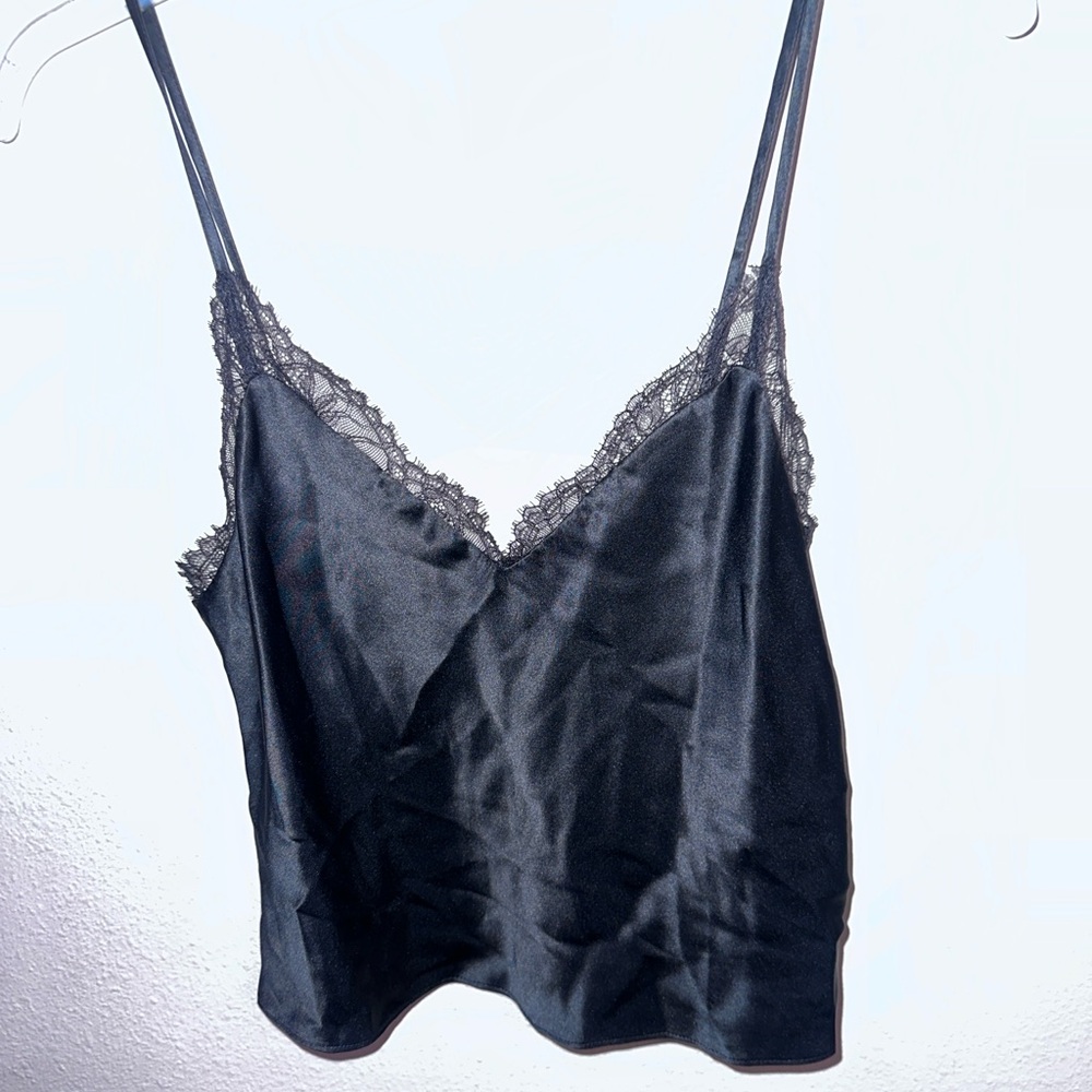 Cami NYC Black Satin Camisole with Lace and button down back